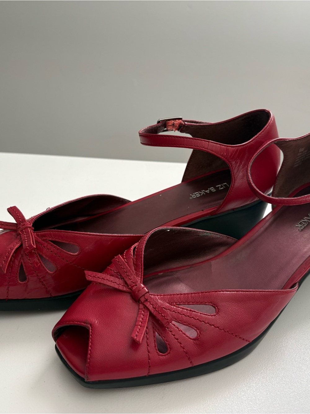 Liz Baker Red Leather Peep-Toe Ankle-Strap Wedge Sandals